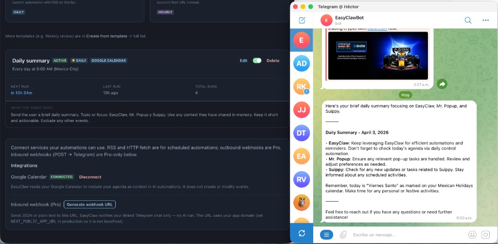 EasyClaw real usage example: automation setup in the dashboard and summary delivered in Telegram