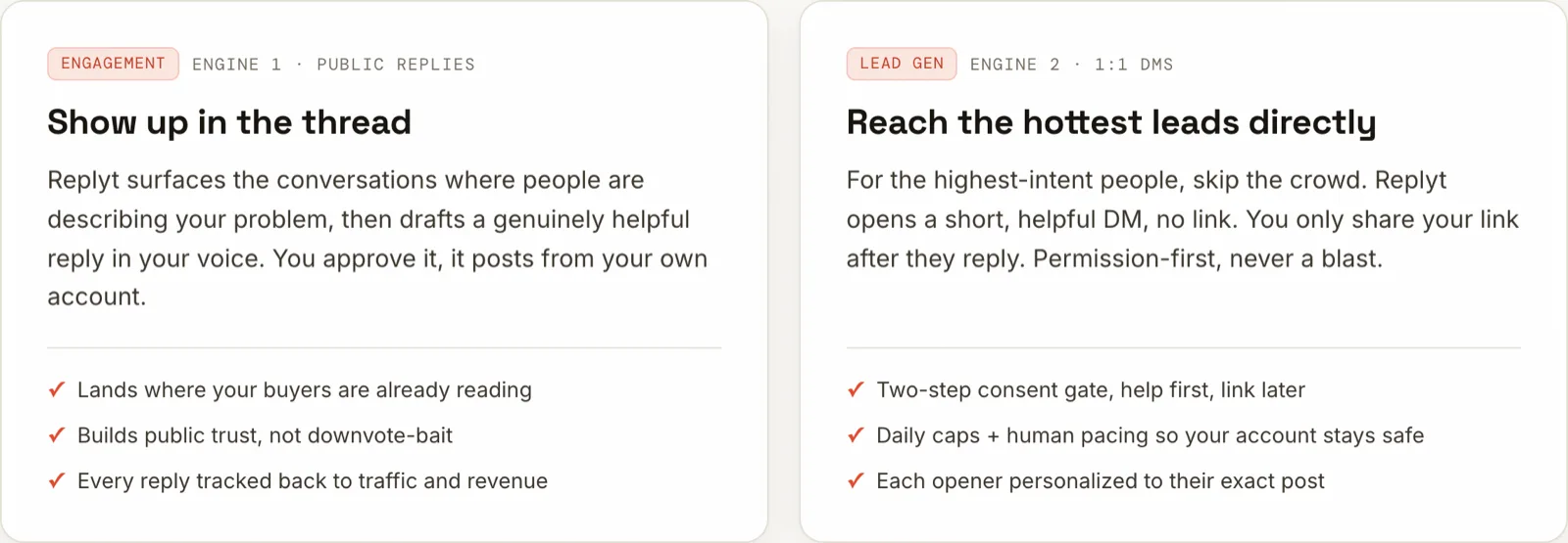 Replyt's two engines: public replies that build trust in the thread, and 1:1 DMs with a two-step consent gate, daily caps and human pacing